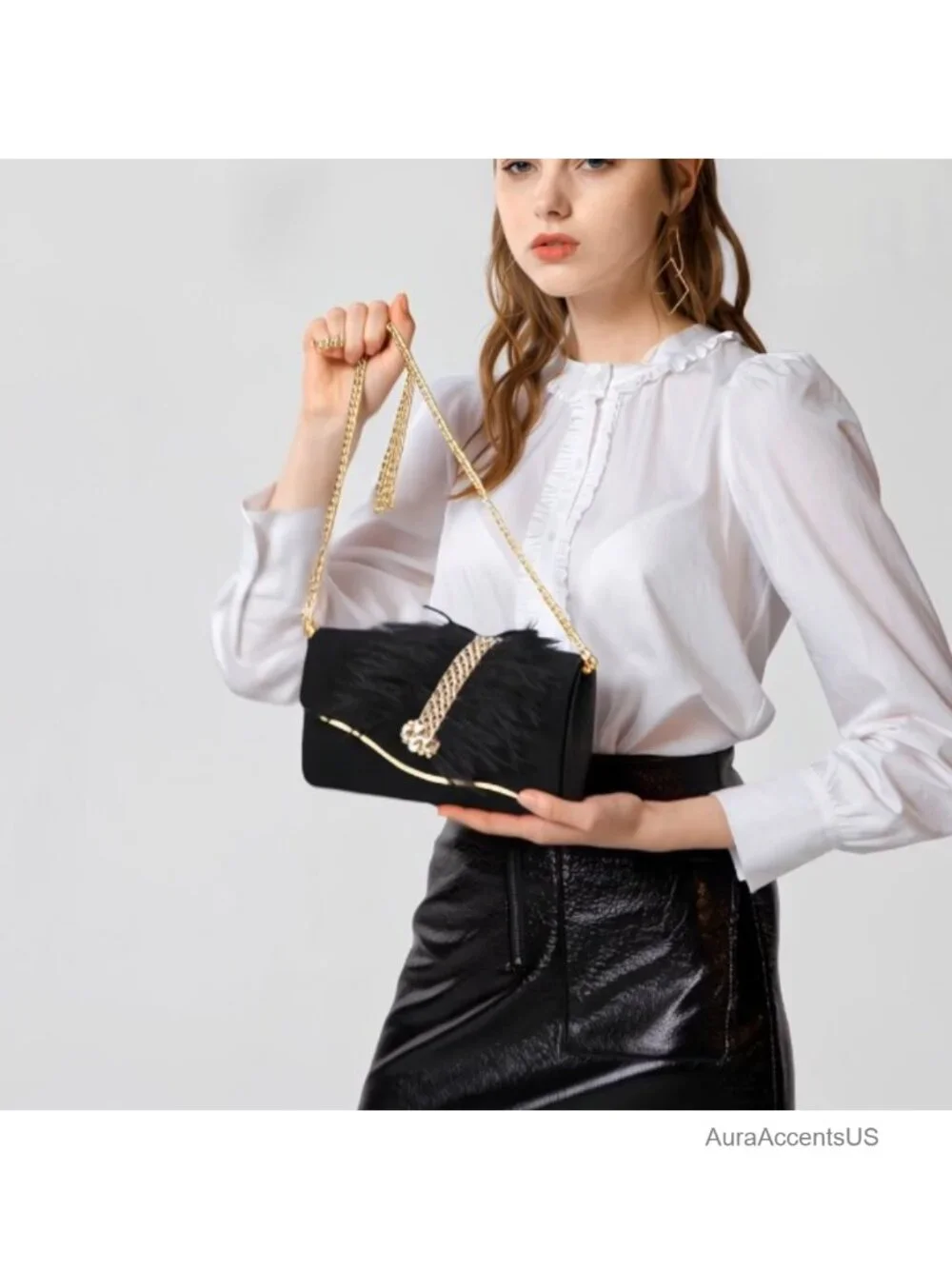 Faux Suede Envelope Clutch with Faux Feather Rhinestone Pearl Gold Crossbody